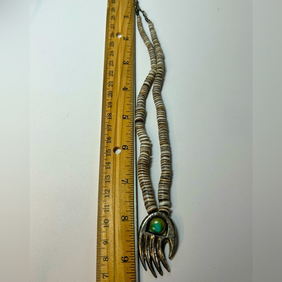 Vintage Native Sand Cast Sterling Silver Turquoise Bear Claw Heishi Shell - Picture 6 of 7